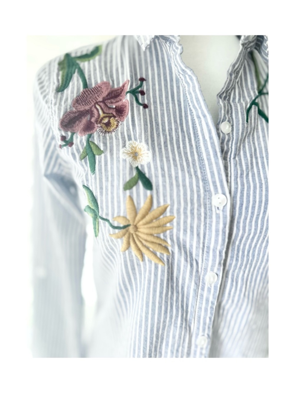 Blue and White Striped Shirt with Floral Embroidery